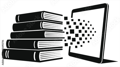 Online Education and Digital Library Concept: Stack of Physical Books Transforming into Pixels and Entering a Tablet Screen, Modern E-Learning, Technology, Electronic Reading, Knowledge Transfer