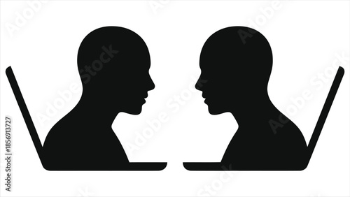 Online tutoring silhouette concept. Two people with laptops facing each other for e-learning, one to one video call education, distance learning, virtual classroom communication vector icon.