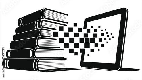 E-learning concept with stack of books transforming into digital pixels flowing into tablet computer. Online library, digital education, knowledge transfer and modern technology vector illustration.
