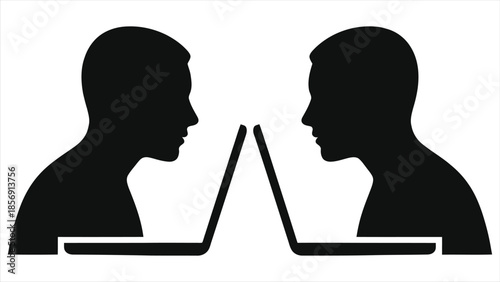 Online Tutoring Icon. Vector silhouette of two people with laptops for e-learning, distance education, and virtual communication. One-on-one remote learning concept.