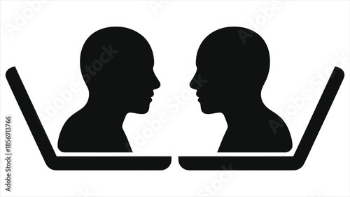 Online tutoring and e-learning  vector silhouette. Two people facing each other with laptops representing remote education, virtual meeting, one-to-one digital communication and distance learning