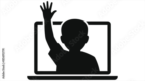 E-Learning Student Raising Hand Icon: Virtual Class Participation on Laptop Screen. Online Education, Remote Learning & Digital Classroom Engagement Symbol.