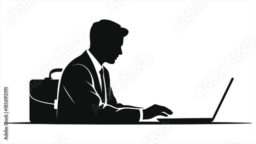 Businessman silhouette working on laptop at desk. E-learning concept for professional online course, corporate training, remote work, and career development. Minimalist vector  with briefcase