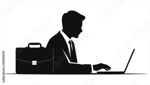 Silhouette of business man typing on laptop with briefcase. Vector illustration for e-learning, online education, corporate training, remote work, and professional adult courses.