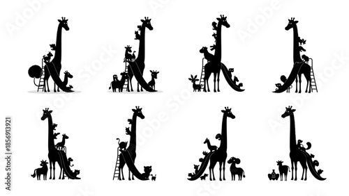 Cartoon giraffe silhouette set with diverse wild animal characters playing on slide playground equipment isolated on white background flat vector illustration collection for kids design projects
