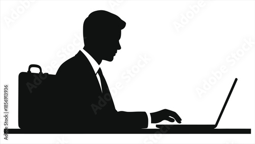 Silhouette of businessman typing on laptop with briefcase. Concept of adult professional e-learning, online course, remote work education, and corporate business training vector illustration