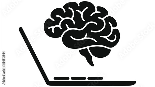 Brain and laptop icon. E-learning and online education concept. Symbol of knowledge, intelligence, AI, and digital learning. Minimalist vector illustration for web training and technology.