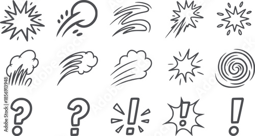 Collection of black wind gust cloud and explosion in monochrome line style
