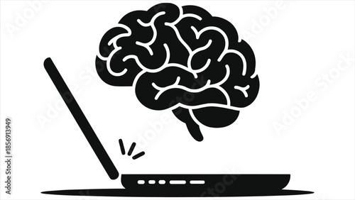 E-learning concept icon: Brain emerging from laptop. Symbol of online education, digital knowledge, AI, and remote studying. Vector illustration for web training, smart technology