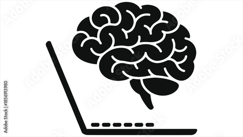 Brain and laptop icon symbolizing e-learning, online education, and artificial intelligence. Vector illustration of digital knowledge, internet studying, and smart technology concept for web design.