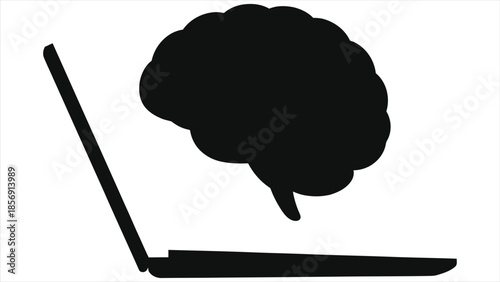 E-learning concept with brain and laptop icon. Symbol for online education, knowledge, artificial intelligence, and digital learning. Minimalist black vector illustration isolated on white background.