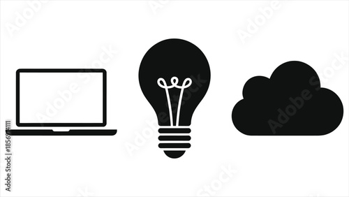 E-Learning Infographic Vector Icons Set: Laptop Computer, Light Bulb Idea and Cloud Storage Symbols for Online Education, Digital Course, LMS, Webinar, EdTech, UI Isolated