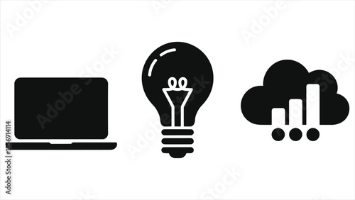 E-learning infographic icon set: laptop computer, light bulb idea and cloud storage silhouettes, online education, digital training, distance learning symbols, black vector 