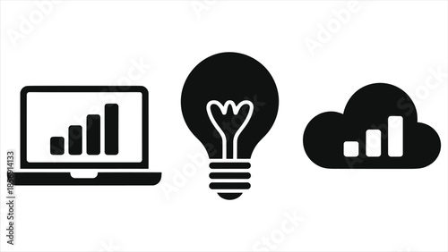 E-learning vector icons set. Laptop, light bulb and cloud symbols for online education, digital training and webinar infographics. Black silhouettes on white background.