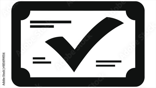 Digital certificate icon with checkmark vector. E-learning graduation diploma symbol. Verified completed course badge. Educational achievement sign. Simple black and white silhouette for app UI design