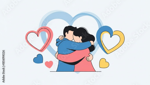 Loving couple embracing with colorful hearts around them, symbolizing love and affection in a romantic