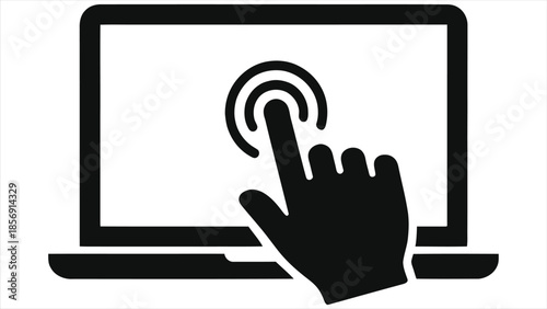 Interactive E-Learning Icon: Hand Touching Laptop Screen Vector. Symbol for Online Education, Digital Training, Web Seminar Click Gesture. Touch Screen Technology Silhouette for UI Design.