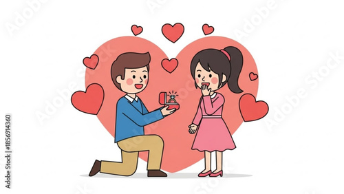 Man proposing to woman with ring on one knee romantic love hearts