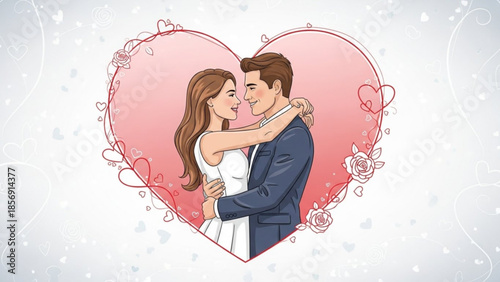 Loving couple embracing in pink heart with roses, romantic illustration for valentine's day, love