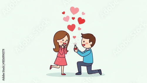 Man proposing to woman with hearts, romantic engagement scene, couple in love, valentine's day concept