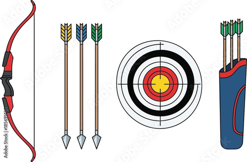 Flat vector set of 4 Archery equipment recurve bow arrows with fletching bullseye target face and quiver bag