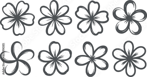 Eight hand drawn five petal flowers in black outline