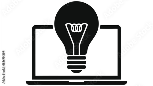 E-Learning Idea Icon: Laptop with Light Bulb for Online Education, Digital Learning & Innovation. Creative Knowledge Concept Vector. Smart Online Course & Idea Generation Symbol.