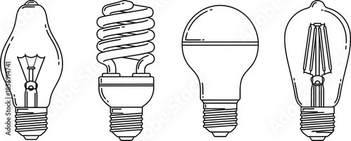 Set of 4 Light Bulb types outline classic incandescent compact fluorescent CFL LED bulb and vintage edison bulb