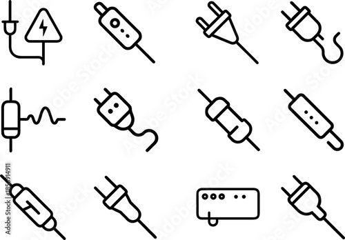 Collection of electrical symbols depicting plugs sockets danger and electrical components