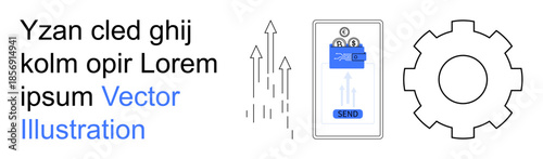 Technology development, processes automation, innovation, digital communication, data sharing, business strategy. A gear, arrows and smartphone with upload icon. Technology development and process