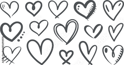 Fourteen hand drawn heart in various styles white hearts