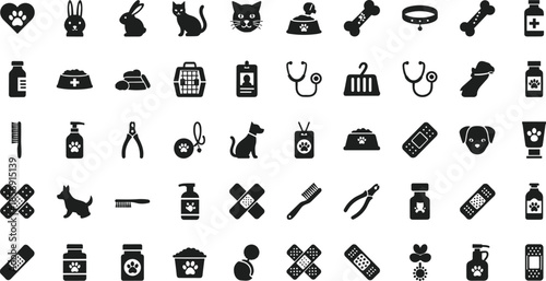 Comprehensive Collection of Veterinary and Pet Care Icons Featuring Animals Medical Supplies Grooming Tools and Food Bowl Silhouettes on White Background