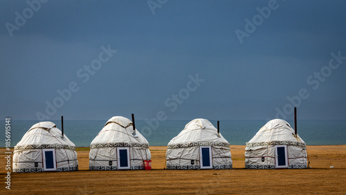 Traditional Yurt tent camp at the Issyk Kul lake plateau in Kyrgyzstan.