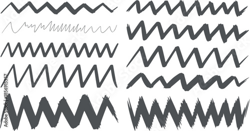 Handdrawn zigzag line patterns in varying thickness and density black ink strokes