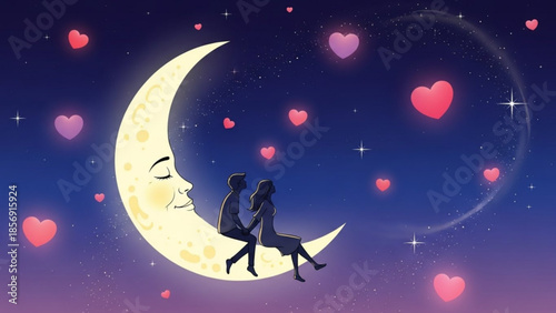 Couple sitting on crescent moon with hearts in starry night sky romantic scene