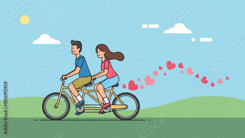 Young couple riding tandem bicycle on green hill with hearts