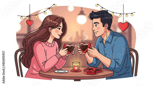 Young couple enjoying romantic coffee date with heart shaped mugs