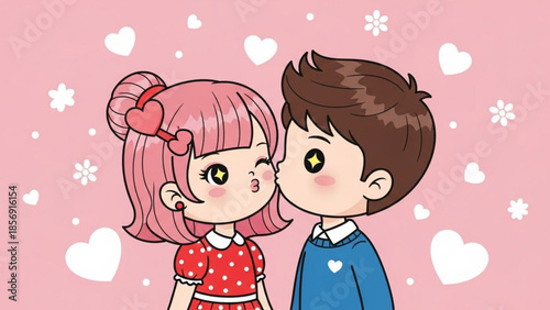 Cute cartoon couple embracing sweet love with hearts and flowers