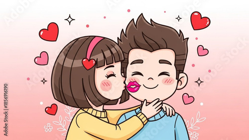 Cartoon couple sharing romantic moment with hearts and love, happy and playful
