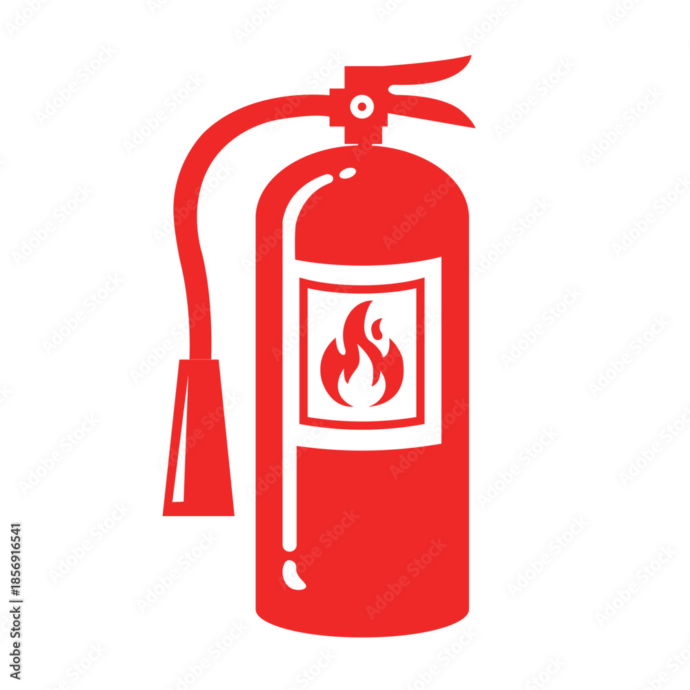 Obraz premium Fire extinguisher with burning flame vector flat red illustration. Flat design infographic warning symbol.