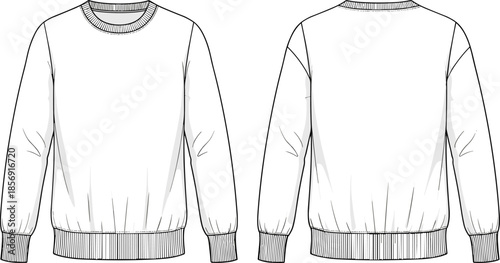 lank men's long sleeve crew neck sweatshirt with side pockets technical flat sketch template, front and back view, apparel vector.
