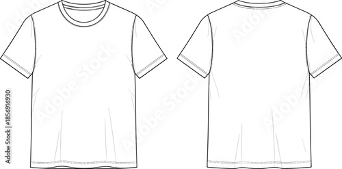 Blank men's classic crew neck t-shirt technical flat sketch template with front and back view, apparel design mockup, fashion vector.