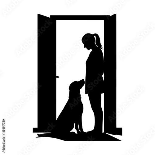 Dog waiting near owner silhouette, loyalty and companionship concept vector