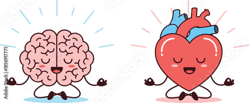 Cartoon-style meditating brain and heart characters with smiling faces, radiating calmness and emotional balance