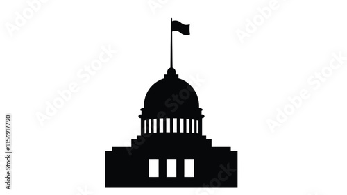 A simple black silhouette of a capitol building with a flag on top