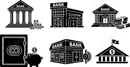 Bank icons vector set with classic and modern bank buildings, piggy bank, safe and money symbols, financial and banking concept illustration