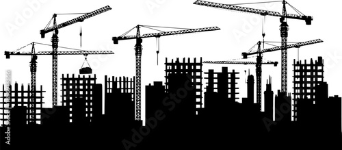 Black silhouette of a construction site isolated on transparent background. Construction cranes over buildings. City development. Urban skyline. Element for your design. Vector illustration.