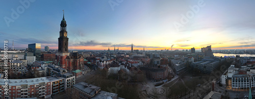 Widescreen aerial photo of the famous St. Michaelis Chruch at sunrise in Hamburg