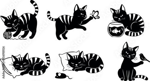 Playful black striped cat illustrations with butterfly fishbowl pillow and bird vector set
