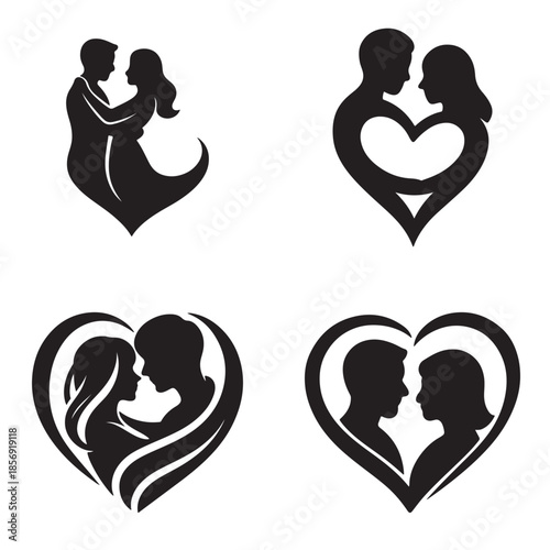 Romantic couple silhouettes in heart shapes symbolizing enduring love and unity